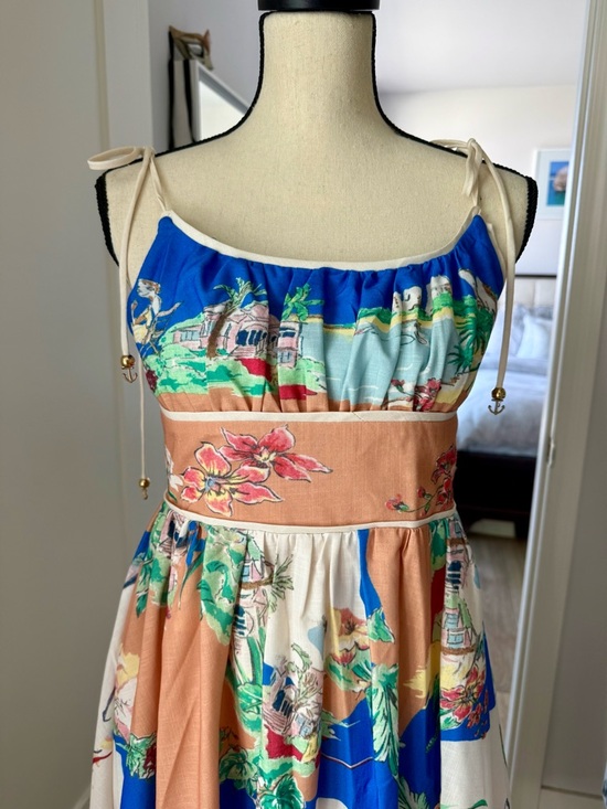 Zimmermann Alight Picnic Nautical Map Midi Dress Linen Blue Print - Picture 4 of 16